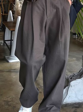 深灰色褶皱西裤男暗扣设计感卡扣长裤休闲百搭西服裤子阔腿西装裤