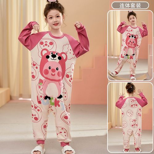 儿童连体睡衣女童春秋纯棉长袖小海狸卡通女孩宝宝防踢连身家居服