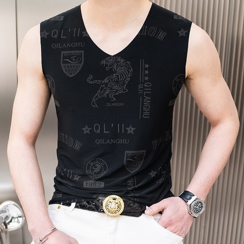 夏季无痕速干运动冰丝V领宽肩无痕背心男青中年大码无袖t恤打底衫