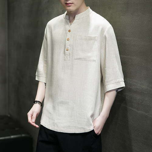 亚麻短袖男款夏季v领棉麻t恤中国风男装潮牌宽松新中式七分袖上衣