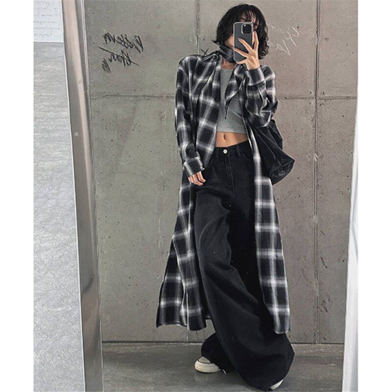 宽松大码亚麻连衣裙时尚系带过膝长裙bf风休闲学生棉麻格子衬衫裙