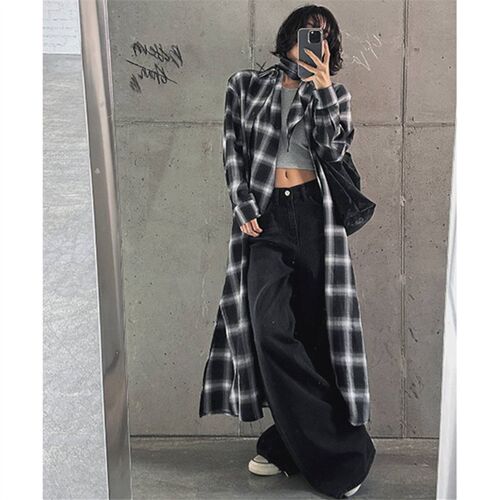 宽松大码亚麻连衣裙时尚系带过膝长裙bf风休闲学生棉麻格子衬衫裙