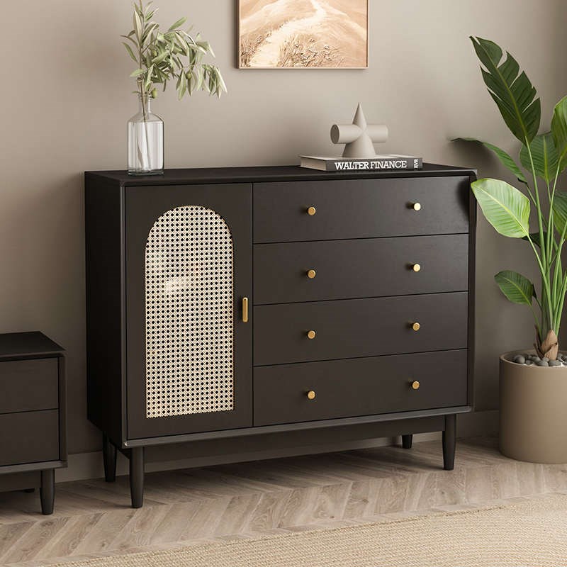黑色轻奢藤编斗柜卧室收纳柜四斗柜法式I客厅储物抽屉柜餐边柜一