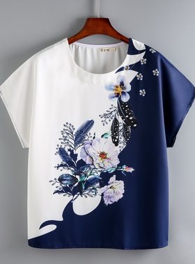 中年胖妈妈夏装大码短袖t恤薄款洋气雪纺小衫中老年女装上衣奶奶