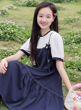 女童连衣裙2024新款夏装女大童高级感公主裙胖女孩雪纺假两件裙子