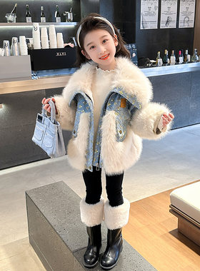 女童仿皮草加绒加厚牛仔外套秋冬款2024新款洋气棉服冬装韩版棉衣