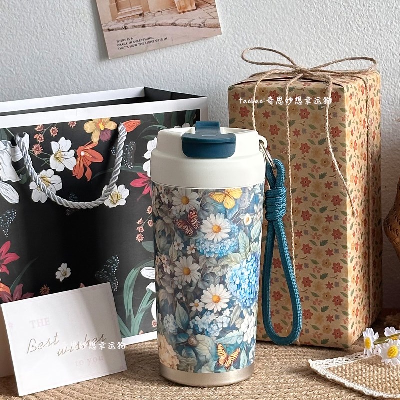 浪漫花语陶瓷内胆保温杯外t出可携式水杯好看的生日礼物双饮口咖