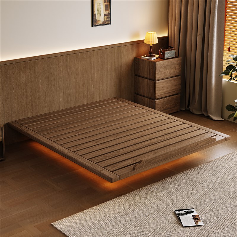 北美黑胡桃木纯实木床无床头x悬浮床齐边榫卯结构榻榻米无靠背床
