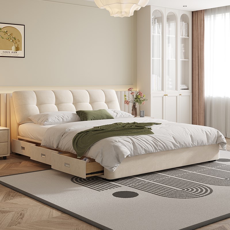 奶油风泡芙床现代l简约实木床网红主卧婚床三抽高箱储物双人布艺