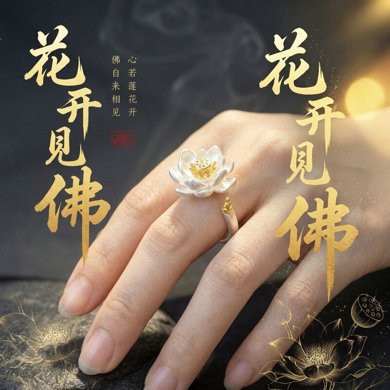 普陀山直发足银999戒指女花开见佛好运莲莲荷气生财纯银饰品礼物