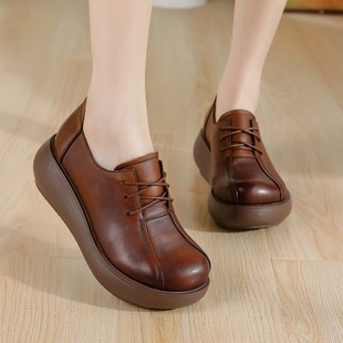 妈妈鞋 松糕厚底坡跟休闲系带复古防水台皮鞋 高跟鞋 1239黑色工作鞋