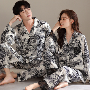 家居服夏季 情侣冰丝睡衣春秋款 仿丝绸薄款 国风长袖 男女水墨画中式