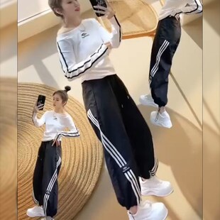 梨形身材宽松显瘦九分哈伦裤 黑色侧条纹束脚工装 薄款 女夏季 休闲裤