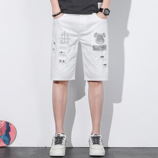牛仔短裤 子破洞弹力休闲马裤 男白色烫钻五分裤 中裤 薄 潮流修身 夏季