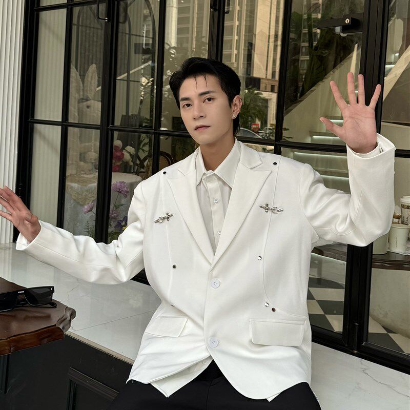 春季新款飞机扣设计感垫肩解构男士西服高级感发型师帅气西装外套