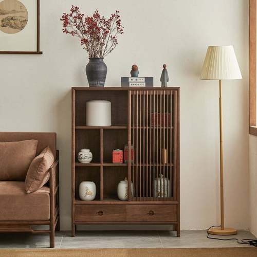 新中式实木餐边柜客厅边柜沙发侧边柜储物柜黑胡桃木茶桌柜茶边柜