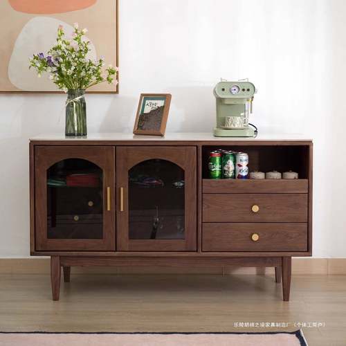 全实木黑胡桃木餐边柜家用北欧日式现代简约多功能岩板储物柜子