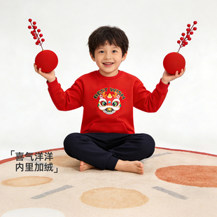 匹克童装红色加绒卫衣男女童新年过年衣服2026新款秋冬季儿童上衣