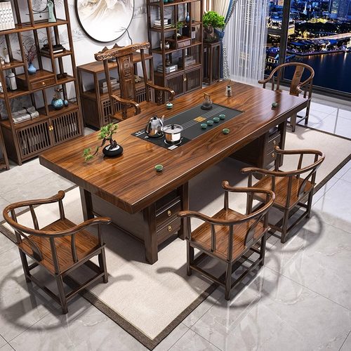 大板实木原木茶桌椅组合一桌五椅新中式茶几办公室家用泡茶台一体