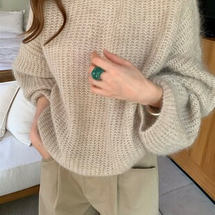 卡其色马海毛灯笼袖毛衣女秋冬慵懒风宽松加厚针织衫内搭韩系上衣