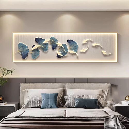 带灯卧室床头银杏叶装饰画LED客厅九鱼图横幅挂画沙发背景墙壁灯