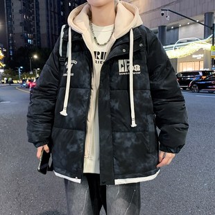 青少年短款羽绒棉衣服男孩学生装加厚假两件外套大童冬季潮牌棉袄