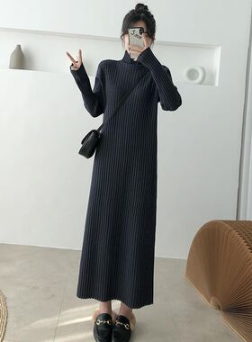 超长款毛衣裙过膝女秋冬新款高领打底内搭脚踝黑色针织连衣裙长裙