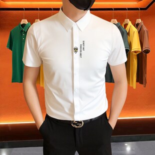高级感轻奢免烫抗皱短袖衬衫男士老佛爷字母烫钻商务休闲百搭衬衣