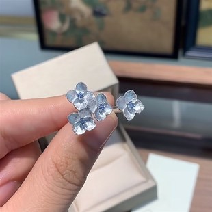 本命年蓝色绣球花戒指纯银独特尾戒轻奢高级感食指戒新中式礼物