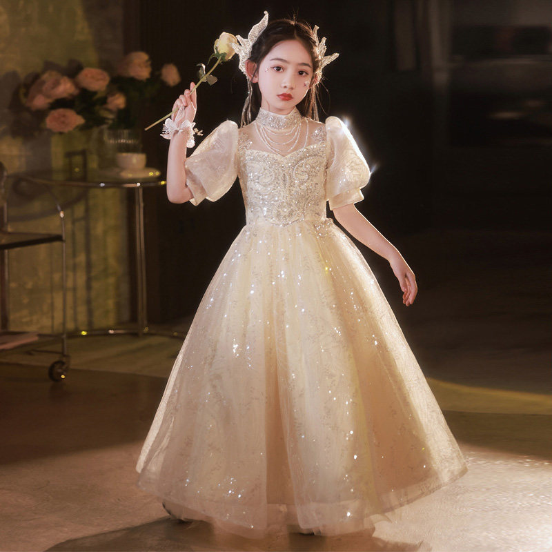 女童晚礼服花童婚礼小女孩主持钢琴演奏演出服高端立领亮片公主裙
