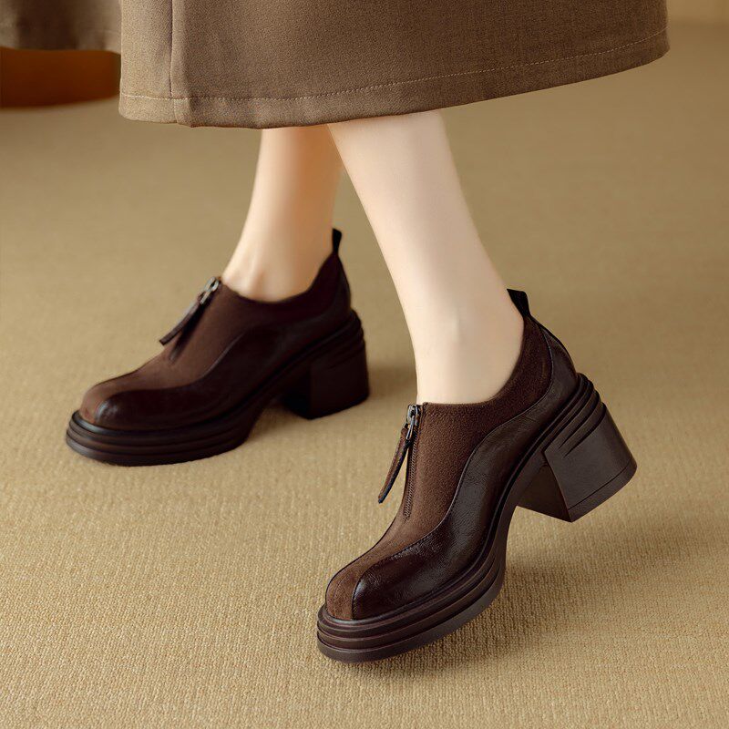 复古软皮深口单鞋2025春季新款厚底圆头高跟鞋真皮粗跟棕色小皮鞋,女鞋,深口单鞋,淘宝优惠券,粉丝福利购,淘宝优惠卷