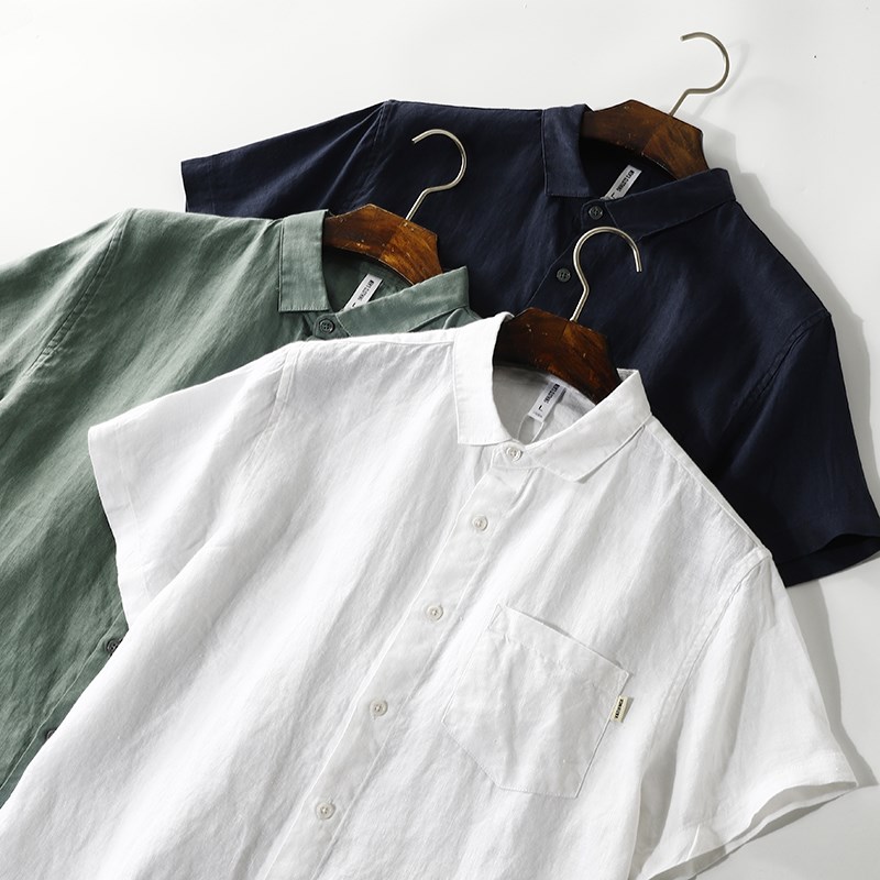 自留款!100天然亚麻!薄款透气带口袋白色短袖衬衫男士衬衣夏季