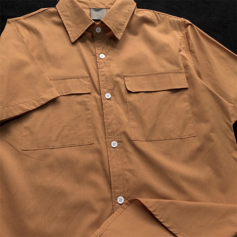 橘色短袖衬衫外套男工装2025新款夏装复古港风上衣日系衬衣bf潮