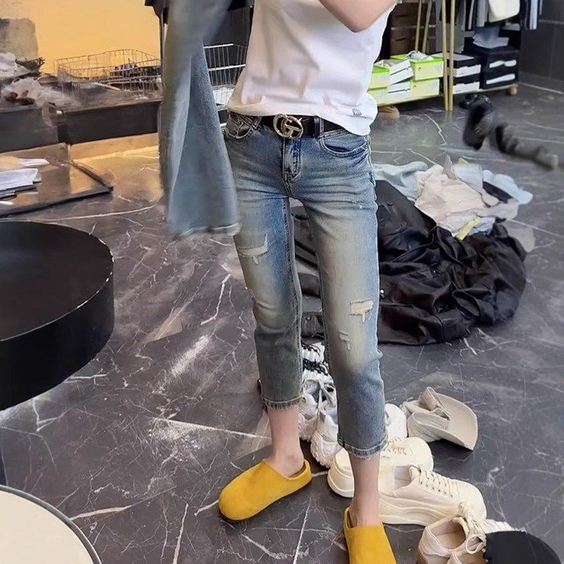 2025春季新款复古修身九分烟管裤大码女装高腰显瘦直筒破洞牛仔裤,女装/女士精品,牛仔裤,淘宝优惠券,粉丝福利购,淘宝优惠卷