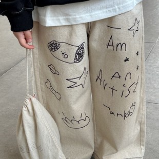 韩系女宝卡通直筒裤 2024春装 新品 子春季 子 纯棉男童休闲宽松涂鸦裤