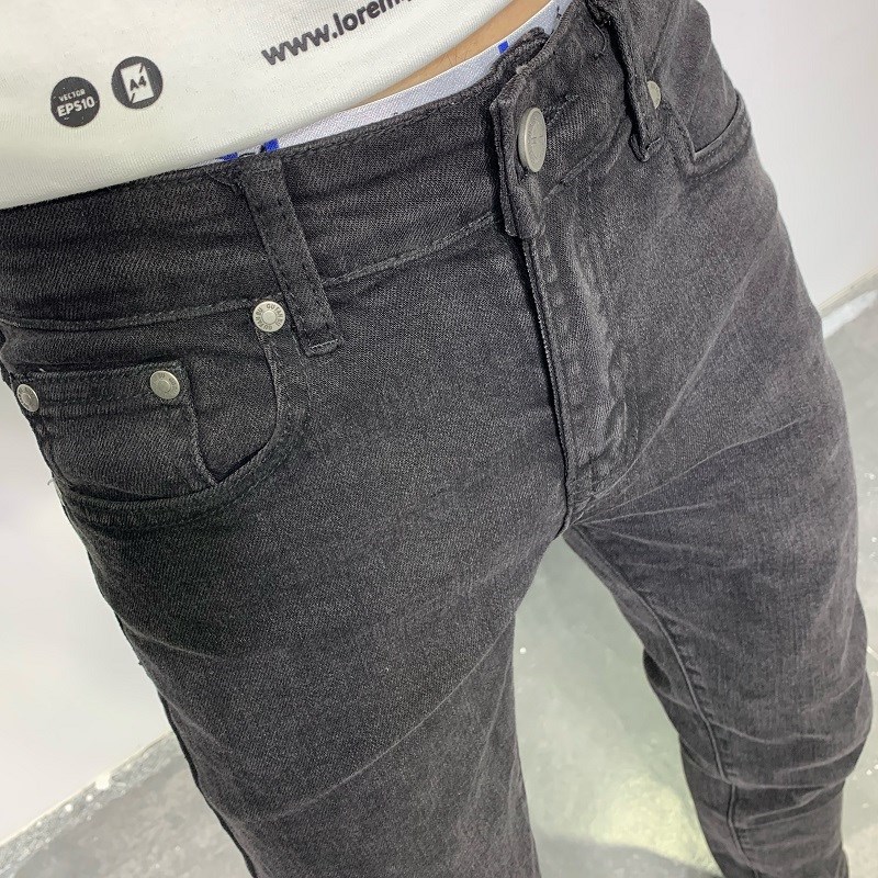 潮牌9分牛仔裤男秋冬弹力男士修身小脚纯黑色简约百搭韩版九分裤