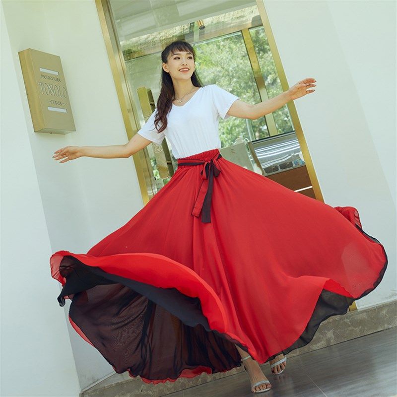 2022雪纺大摆半身裙女新款高腰A字裙两面穿广场舞舞蹈裙半身长裙,女装/女士精品,半身裙,淘宝优惠券,粉丝福利购,淘宝优惠卷