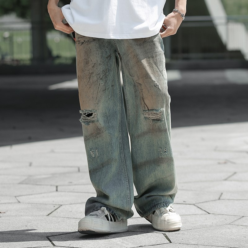 拾壹 泥染破洞水洗做旧牛仔裤直筒休闲阔腿裤男女款脏脏裤拖地裤