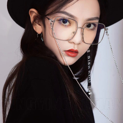 女孩金属框休闲平光镜儿童方框带链条眼镜小孩舞台走秀眼镜潮