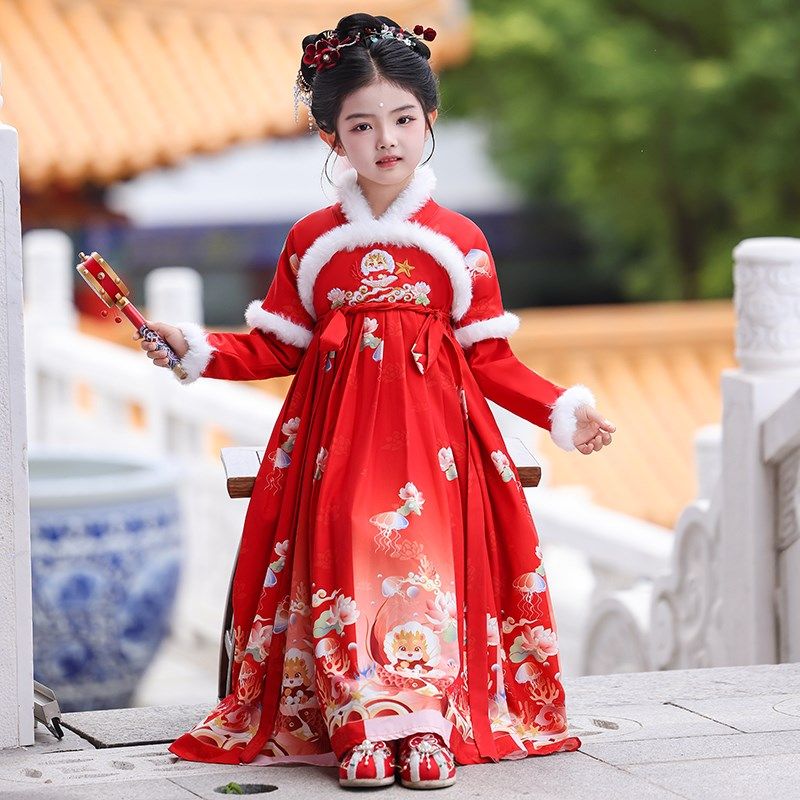汉服女童冬季加绒古装拜年服女孩秋冬款中国风过年加厚红色连衣裙