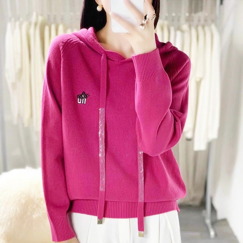 2024秋冬新款提花连帽抽绳镶钻宽松长袖好看洋气毛衣针织衫上衣女,女装/女士精品,羊绒衫,淘宝优惠券,粉丝福利购,淘宝优惠卷