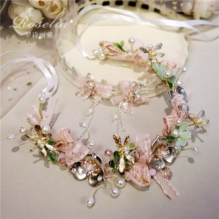 淡粉色森系儿童头饰花童发饰品公主超仙美花环发箍小女孩礼服配饰