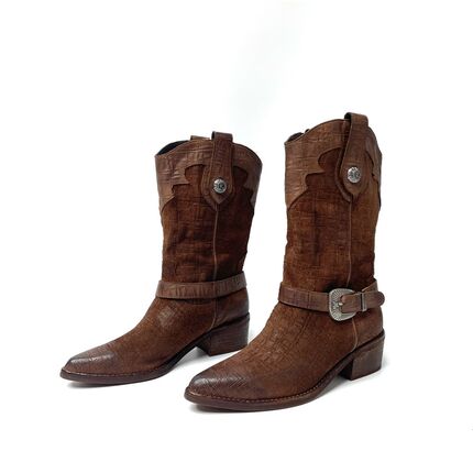 复古做旧小众设计皮带扣尖头手工粗跟套筒V口美拉德风中筒靴981-7