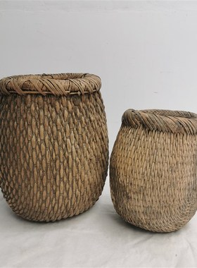 民俗老物件老米斗柳编升米斗老斗笙老鱼篓怀旧收藏摆件影视道具