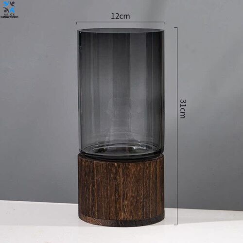 轻奢玻璃花瓶新中式客厅摆件插花带底座创意新款感1230木托中等
