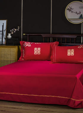 2021大红婚庆床单纯棉结婚红色全棉床单三件套1.8米2.0m床上用品
