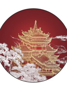 新中式圆形入户玄关装饰画亭台楼阁中国风酒店大堂玄关画餐厅