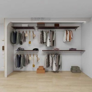 简约风卧室衣帽间步入式 开放实木衣柜收纳架储物柜壁挂衣架层板架