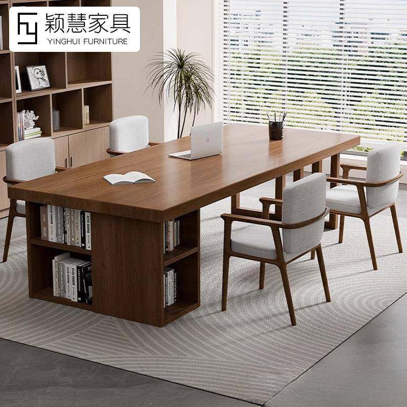简约现代实木大长书桌书柜一体写字桌家用学生学习桌办公桌工作台
