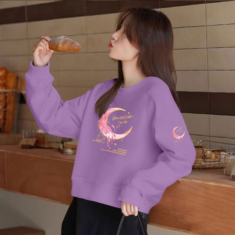 紫色短款高腰纯棉卫衣女春秋新款